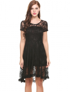 

Black Short Sleeve Hollow Out Pleated Hem Floral Lace Going Out Dress, Multicolor