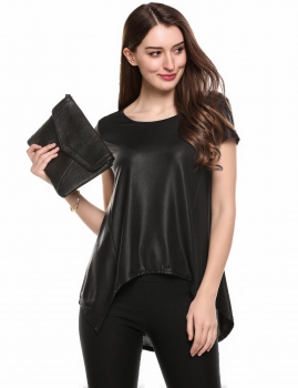 

Black Cap Sleeve Irregular Hem Casual Loose Fit Metallic T-Shirts, Multicolor