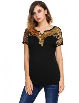 

Black Sequined Notch Neck Batwing Sleeve Loose Fit T-Shirt, Multicolor