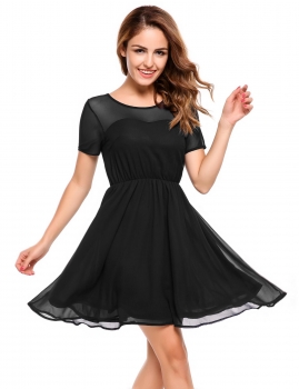 

Black Short Sleeve Mesh Chiffon Fit and Flare Dress, Multicolor