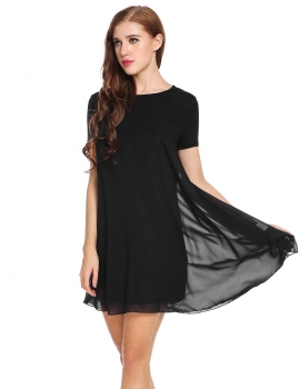 

Black Short Sleeve Loose Fit Chiffon Tunic Casual Dress, Multicolor