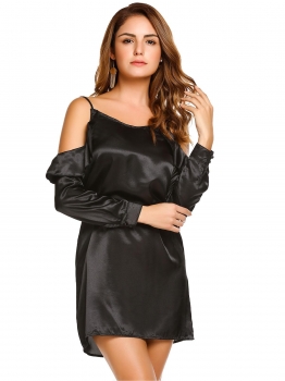 

Black Cold Shoulder Ruffles Sleeve Satin Dress with Belt, Multicolor