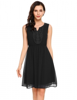 

Black Women Casual V-Neck Sleeveless Elastic Waist Pullover Chiffon Dress, Multicolor