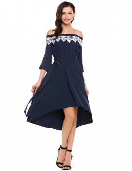 

Navy blue Slash Neck Off Shoulder 3"4 Sleeve Pleated Dress wifh Belt, Multicolor