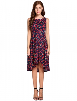 

O-Neck Sleeveless Printed A-Line Pleated Asymmetrical Hem Tank Dress, Multicolor