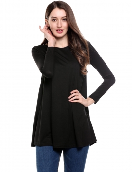 

Black O-Neck Long Sleeve Solid A-Line Hem Elastic Knit Top, Multicolor