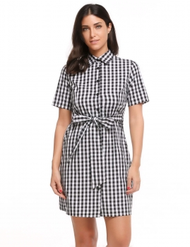 

Black Short Sleeve Turn Down Collar Plaid Knee Shirts Dress with Belt, Multicolor