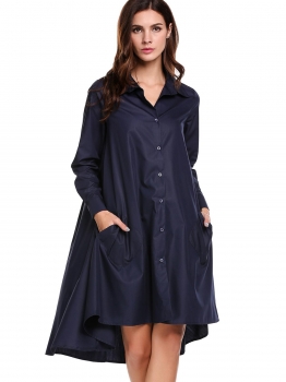 

Navy blue Turn-down Collar Long Sleeve Solid Button-down Asymmetrical Hem Shirts Dress, Multicolor