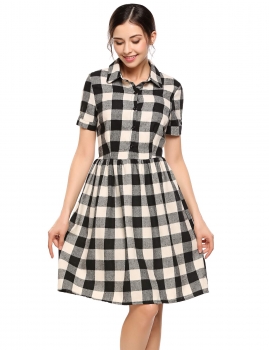 

Black Turn Down Collar Button Checks A-Line Dress, Multicolor