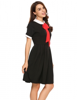 

Black Doll Collar Bow Patchwork Belted A-Line Dress, Multicolor
