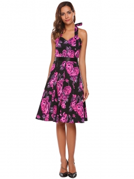 

Purple Red Halter Sleeveless Floral A-Line Dress with Belt, Multicolor