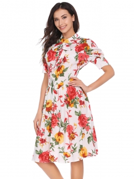 

White O-Neck Short Sleeve Floral Loose Dress, Multicolor