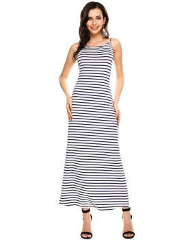 

Blue Striped Spaghetti Strap Backless Maxi Dress, Multicolor