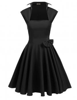

Black Cap Sleeve Square Neck Swing Bow Dress, Multicolor