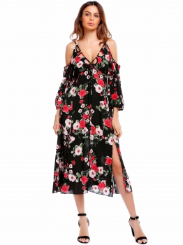 

Black Cold Shoulder Floral Spaghetti Strap Maxi Dress, Multicolor