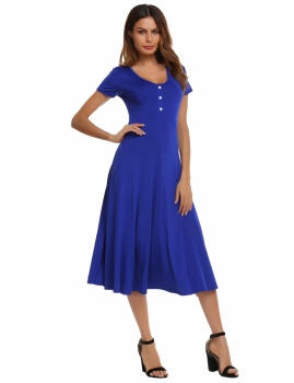 

Blue Solid Short Sleeve Button Slim Fit Midi Swing Party Dress, Multicolor