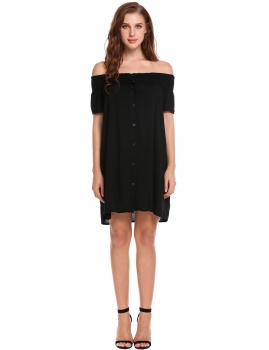 

Black Slash Neck Off Shoulder Short Sleeve Solid Button-down Casual Dress, Multicolor
