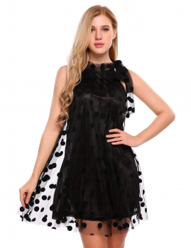 

Black Tied Neck Sleeveless Mesh Polka Dot Mini Dress, Multicolor