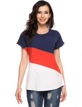 

Blue red O-Neck Short Sleeve Patchwork Pullover Loose T-Shirt, Multicolor