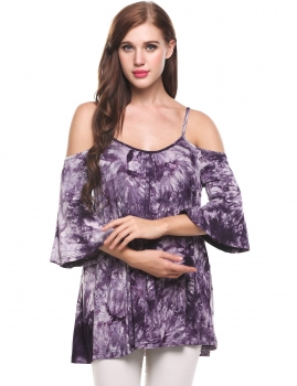 

Purple Spaghetti Strap Pleated Print Elastic O-Neck 3"4 Sleeve Tops, Multicolor
