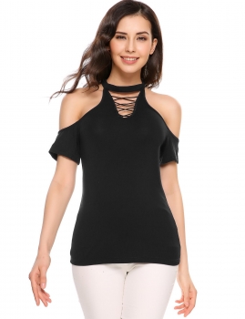 

Black Short Sleeve Cold Shoulder Hollow Out Elastic Tops, Multicolor