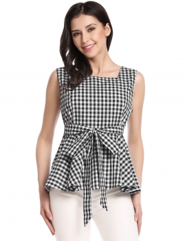 

Black Square Neck Sleeveless Plaid Bow Bandage Pleated Hem Tank Tops, Multicolor