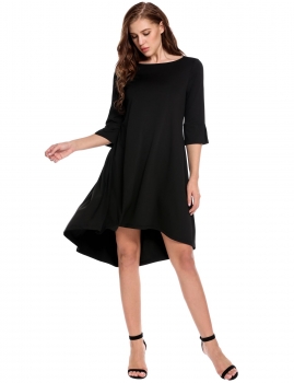 

Black O-Neck 3"4 Sleeve Solid Back Pleated Asymmetrical Hem Casual Dress, Multicolor