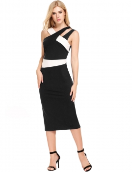

Black Sleeveless Patchwork Contrast Color Backless Pencil Dress, Multicolor