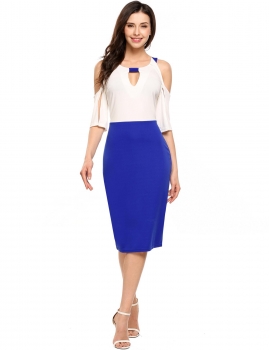 

Blue Split Sleeve Patchwork Cold Shoulder Pencil Dress, Multicolor
