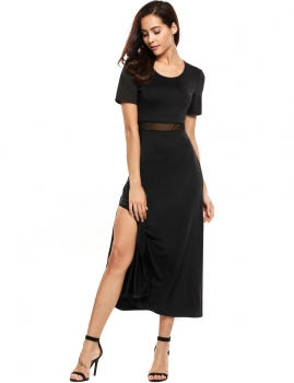 

Black Short Sleeve Mesh Patchwork O Neck Split Hem Dress, Multicolor