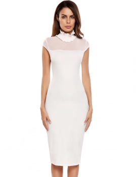 

White Cap Sleeve Mesh Patchwork Turtleneck Sexy Party Dress, Multicolor