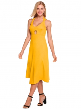 

Yellow Halter Backless Cut out Sleeveless Solid Dress, Multicolor