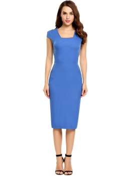 

Blue Cap Sleeve Solid Square Neck Elegant Pencil Dress, Multicolor