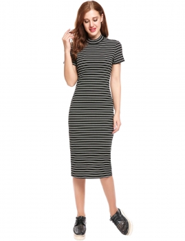 

Black Women Casual Short Sleeve Striped O Neck Backless Sexy Maxi Dress, Multicolor