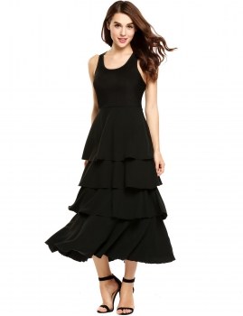 

Black Sleeveless Multi-storey Ruffles Solid Dress, Multicolor