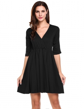 

Black V-Neck Half Sleeve Solid Summer Skater Casual Dress, Multicolor