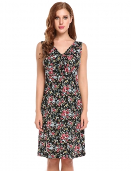 

Black Sleeveless V-Neck Twist Knot Front Floral Print Casual Dress, Multicolor