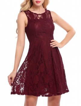

Wine red Sleeveless Fit and Flare Cocktail Floral Lace Dress, Multicolor