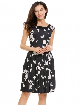 

Black Sleeveless Print Swing Hem Slim Pleated Dress, Multicolor