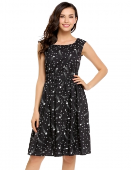 

Black Sleeveless Star Print Fit and Flare Casual Dress, Multicolor