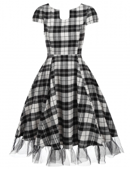

White Notch Neck Cap Sleeve Plaid Mesh Trim Swing Dress, Multicolor