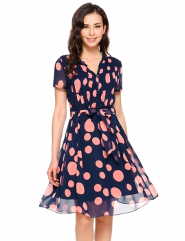 

Blue Polka Dot Chiffon Fit and Flare Belted Dress, Multicolor