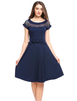 

Blue Hollow Out Bow Cocktail A-Line Party Dress, Multicolor