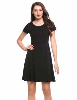

Black Short Sleeve Side Button Solid Cocktail Skater Party Dress, Multicolor