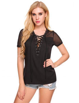 

Black V-Neck Short Sleeve Lace-up Mesh T-Shirts, Multicolor