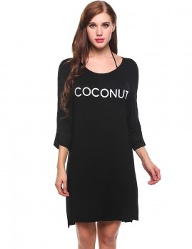 

Black Letter Print Loose Pullover 3"4 Sleeve O Neck Beach T-Shirt, Multicolor