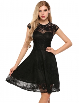 

Black Lace Cap Sleeve O-Neck A-Line Dress, Multicolor