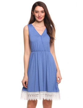 

Blue V-Neck Sleeveless A-Line Pleated Lace Hem Elastic Pullover Dress, Multicolor