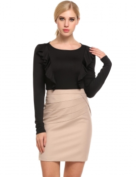 

Black Ruffles O-Neck Long Sleeve Solid Slim Fit T-Shirts, Multicolor