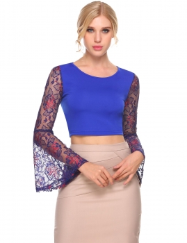 

Blue Floral Lace Patchwork Bell Sleeve O-Neck Crop Top, Multicolor